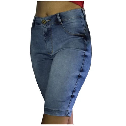 Bermuda Jeans Ciclista Feminina com Cós Alto e Lycra