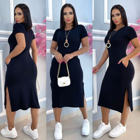 vestido midi de bolso, estampado e tecido viscola laycra.