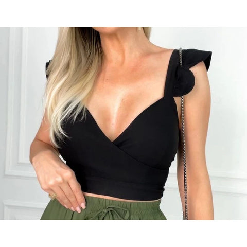 Cropped Feminino Com Decote em V Delicado e babado Top Blusa Corselet Amarração