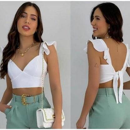Cropped Feminino Com Decote em V Delicado e babado Top Blusa Corselet Amarração