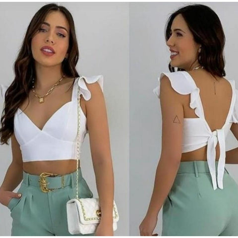 Cropped Feminino Com Decote em V Delicado e babado Top Blusa Corselet Amarração