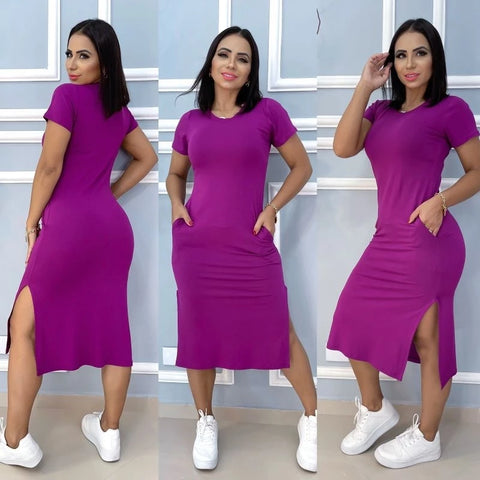 vestido midi de bolso, estampado e tecido viscola laycra.