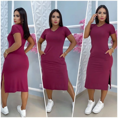 vestido midi de bolso, estampado e tecido viscola laycra.