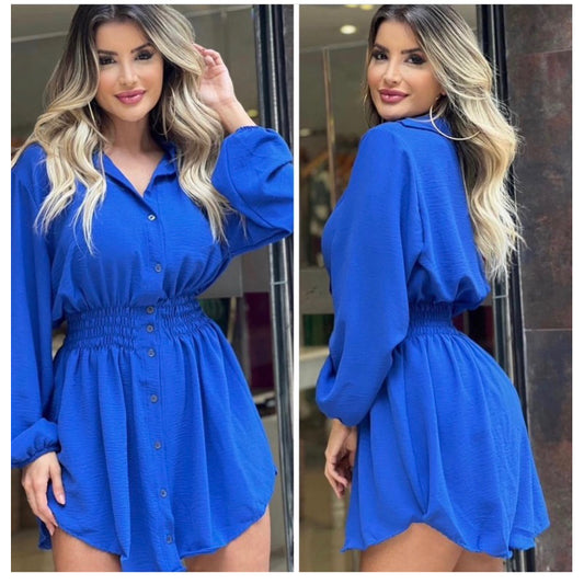 Chamise Manga Longa de Botões Lastex na Cintura, Vestido Feminino.