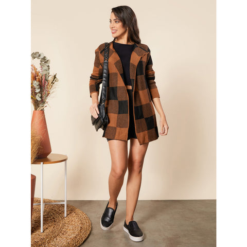 Casaco feminino tipo cardigan estampa xadrez, kimono de frio,  sobretudo tricô