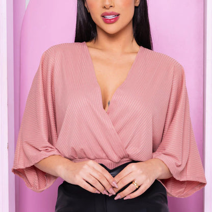 Cropped Transpassado Feminino Decote V Manga Morcego