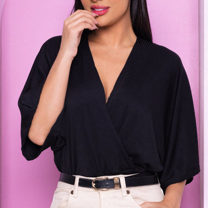 Cropped Transpassado Feminino Decote V Manga Morcego