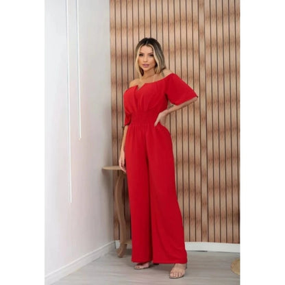 Macacão Longo Feminino Ciganinha Ombro a Ombro – Pantalona com Decote em V e Bojo