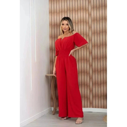 Macacão Longo Feminino Ciganinha Ombro a Ombro – Pantalona com Decote em V e Bojo Simples Glamour