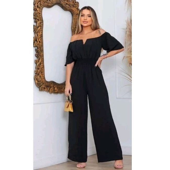 Macacão Longo Feminino Ciganinha Ombro a Ombro – Pantalona com Decote em V e Bojo