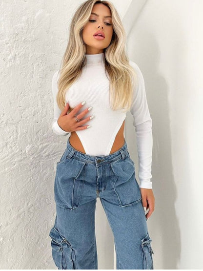 Body Collant Feminino Cavado Gola Alta Manga Longa