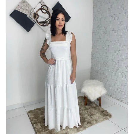 Na compra do Vestido Longo Luxo com Babado na Manga e Renda na Cintura, você ganha uma Pulseira Escama de Peixe