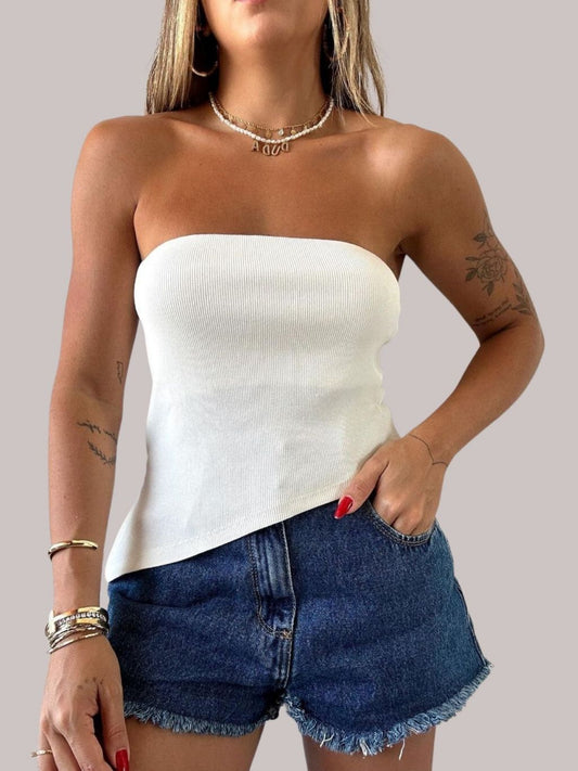 Blusa Tomara que Caia Assimétrica Canelada
