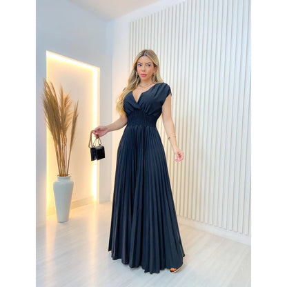 Vestido Longo Plissado em Crepe