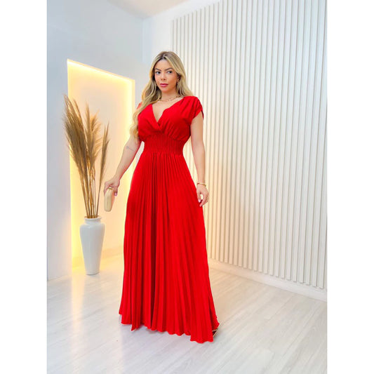 Vestido Longo Plissado em Crepe