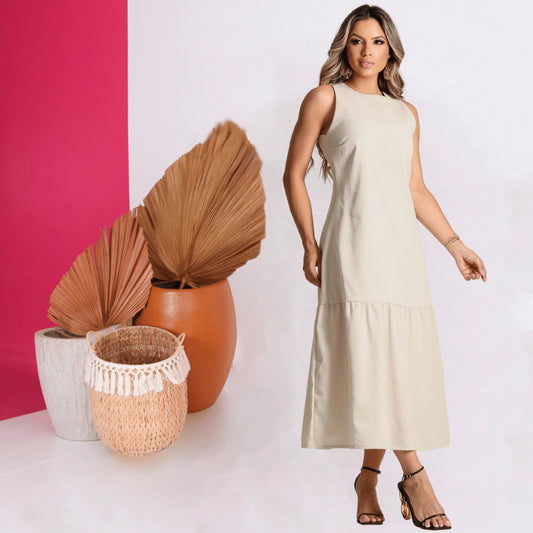 Vestido Feminino Elegante Festa Linho Soltinho Regata Liso