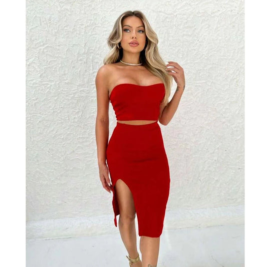 Conjunto Feminino Saia Midi Com Fenda + Cropped Tomara Que Caia sem Bojo