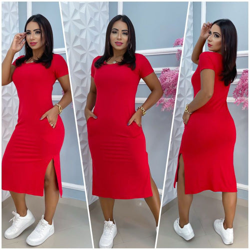 vestido midi de bolso, estampado e tecido viscola laycra. Simples Glamour