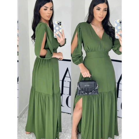 Vestido manga 3/4 com fenda longo feminino tecido Duna e viscolinho abertura nas Manga.