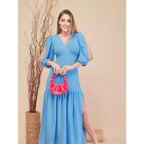 Vestido manga 3/4 com fenda longo feminino tecido Duna e viscolinho abertura nas Manga.