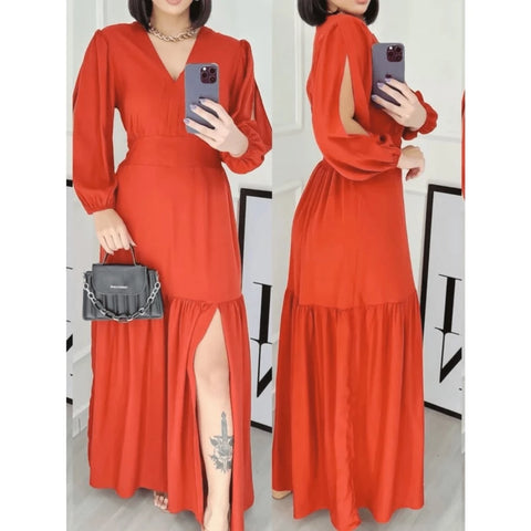 Vestido manga 3/4 com fenda longo feminino tecido Duna e viscolinho abertura nas Manga.