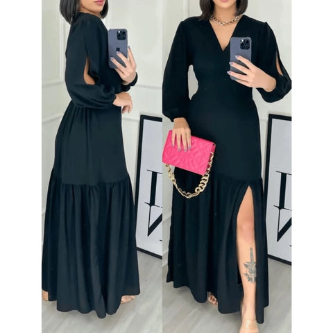 Vestido manga 3/4 com fenda longo feminino tecido Duna e viscolinho abertura nas Manga.