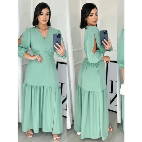 Vestido manga 3/4 com fenda longo feminino tecido Duna e viscolinho abertura nas Manga.