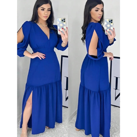 Vestido manga 3/4 com fenda longo feminino tecido Duna e viscolinho abertura nas Manga.