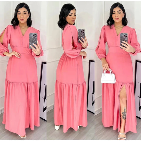 Vestido manga 3/4 com fenda longo feminino tecido Duna e viscolinho abertura nas Manga.