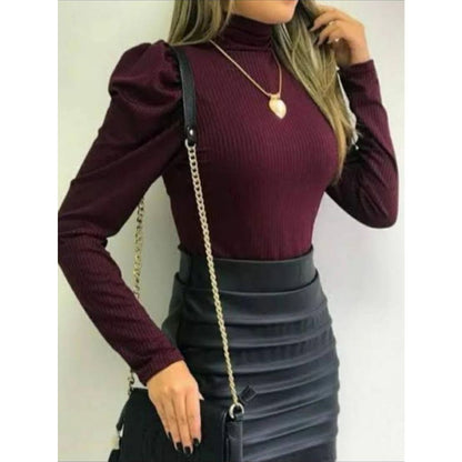 Blusa Feminina Manga Longa Princesa Gola Alta - Malha Canelada