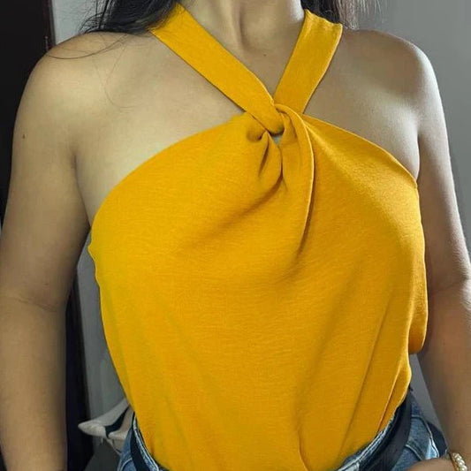 Blusa Feminina Elegante Nó Gola Transpassada Simples Glamour