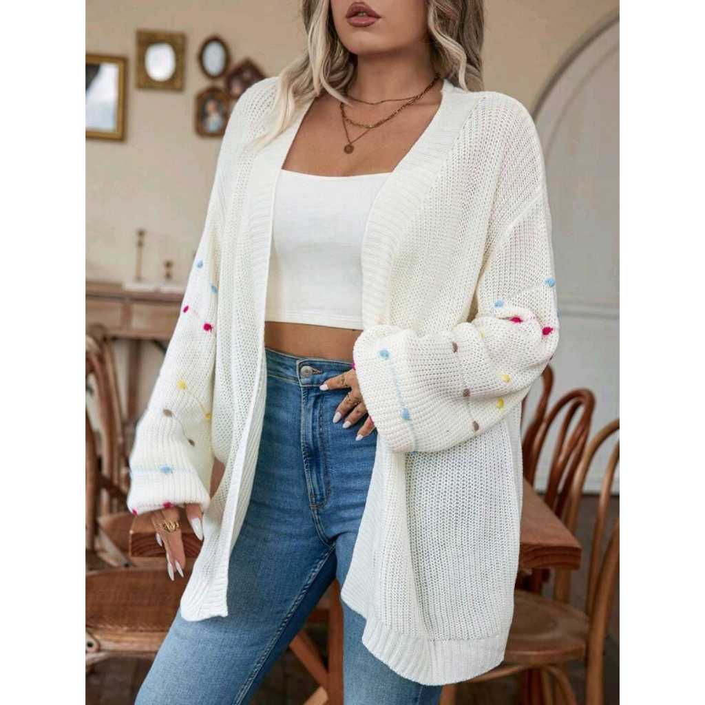 Casaco Feminino Cardigan Tricô Grosso Longo Com detalhe Manga Colorida