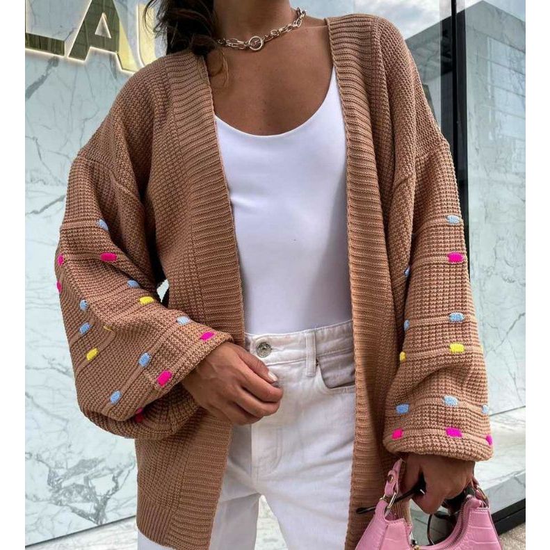 Casaco Feminino Cardigan Tricô Grosso Longo Com detalhe Manga Colorida
