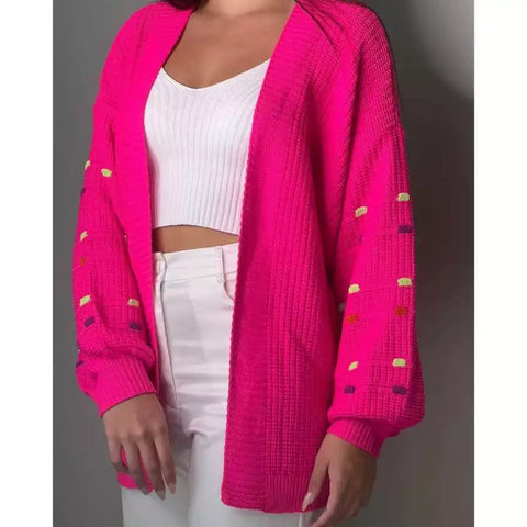 Casaco Feminino Cardigan Tricot Tricô Grosso Longo Com detalhe Manga Colorida