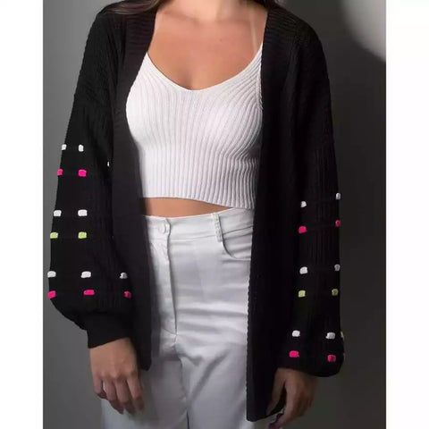 Casaco Feminino Cardigan Tricot Tricô Grosso Longo Com detalhe Manga Colorida