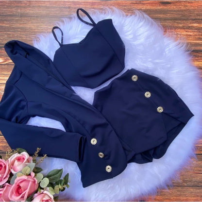Conjunto Social Feminino 3 Peças Blazer + cropped + short saia com detalhes Trijunto