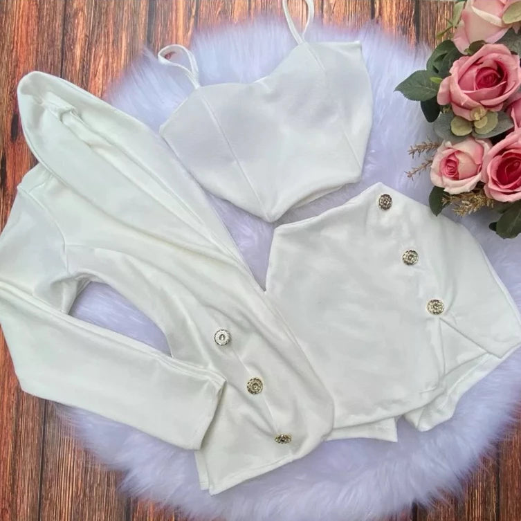 Conjunto Social Feminino 3 Peças Blazer + cropped + short saia com detalhes Trijunto
