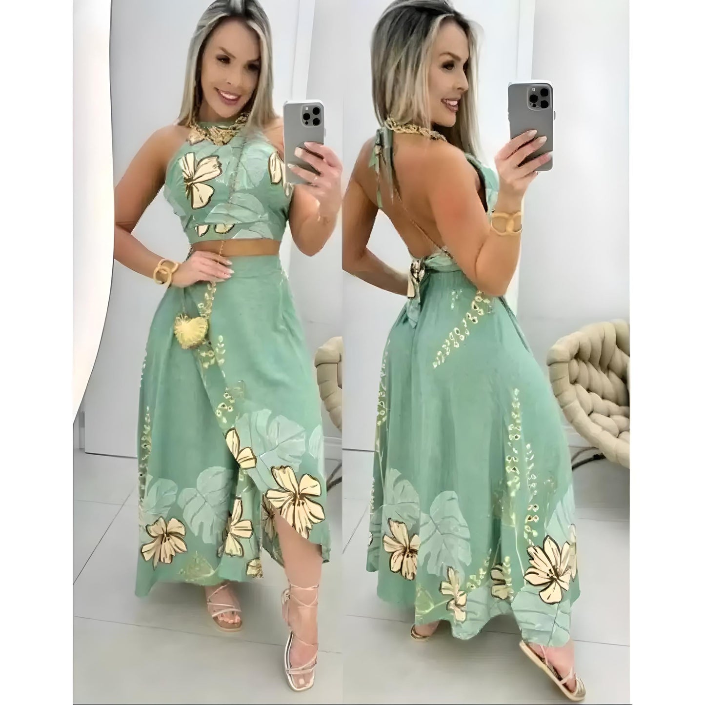 Conjunto Saia e Cropped estampado Simples Glamour