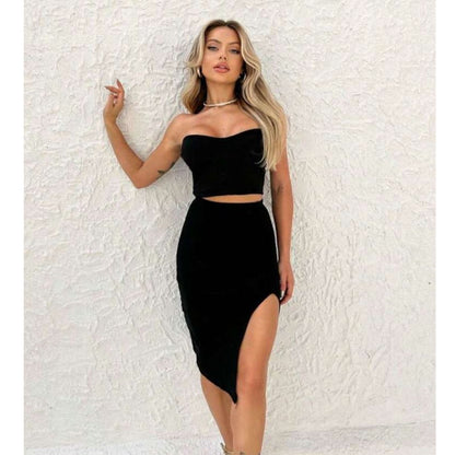 Conjunto Feminino Saia Midi Com Fenda + Cropped Tomara Que Caia sem Bojo