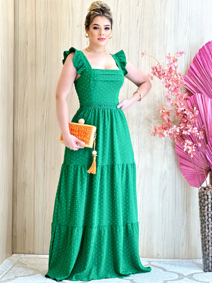 Na compra do Vestido Longo Luxo com Babado na Manga e Renda na Cintura, você ganha uma Pulseira Escama de Peixe