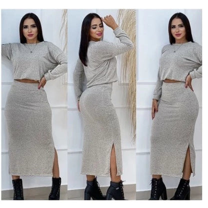Conjunto Blusa e Saia Moda Feminina Cropped Midi Blogueira Saia Longa Inverno Lanzinha Fenda Laterais