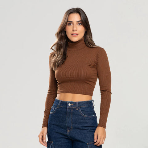 Kit 3 Croppeds Canelados Gola Alta Manga Longa Feminina Moda Gringa Elegante Mulher