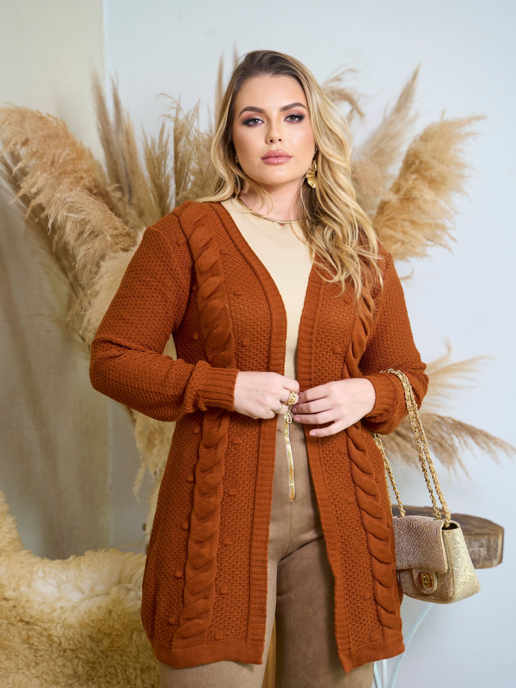 Casaco cardigan Aberto Manga Longa tranças Tricô Inverno