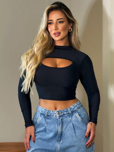 Cropped Corsellet manga Longa Gola Alta Com Decote e Recorte Tendência Outono