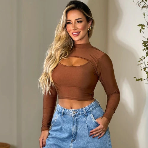Cropped Corsellet manga Longa Gola Alta Com Decote e Recorte Tendência Outono
