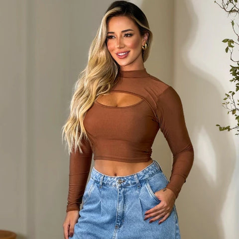 Cropped Corsellet manga Longa Gola Alta Com Decote e Recorte Tendência Outono