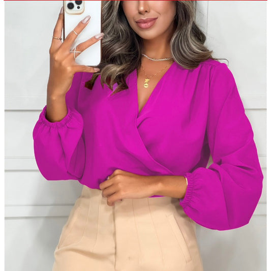 Blusa Feminina Manga Longa Transpassada Decote V - Tecido Duna