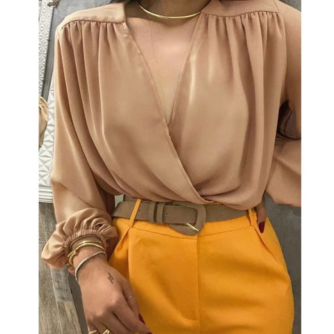Blusa Feminina Manga Longa Transpassada Decote V - Tecido Duna