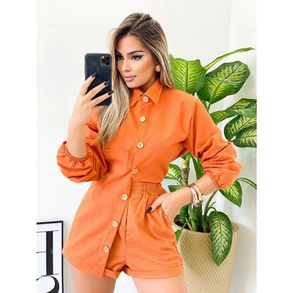 Conjunto Feminino em Linho – Camisa Manga Longa com Botões + Short Casual