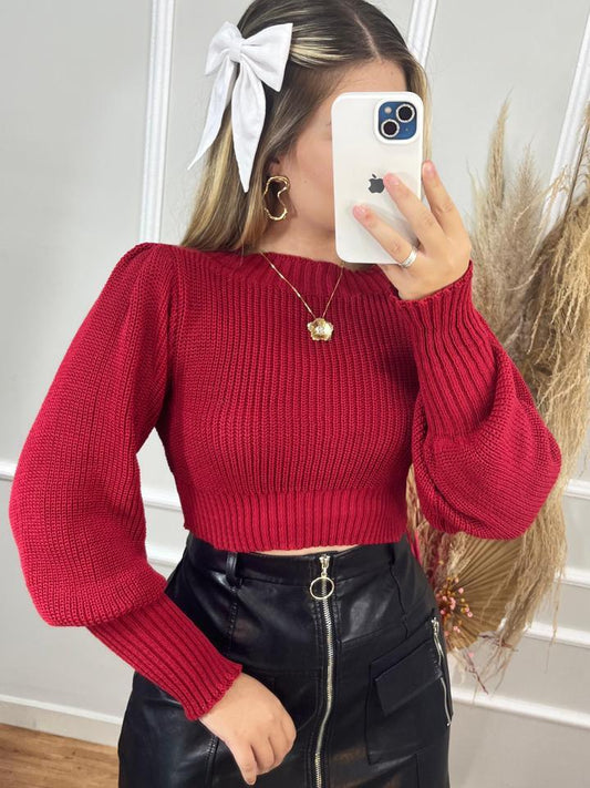 Cropped Manga Bufante Tricô Tricot Blusa de Frio Inverno